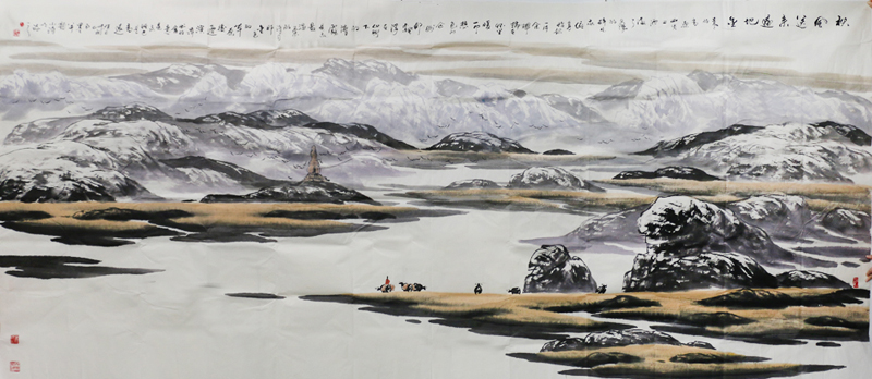白墨巨幅山水画作《秋风送来遍地金》入成功书画网（微）