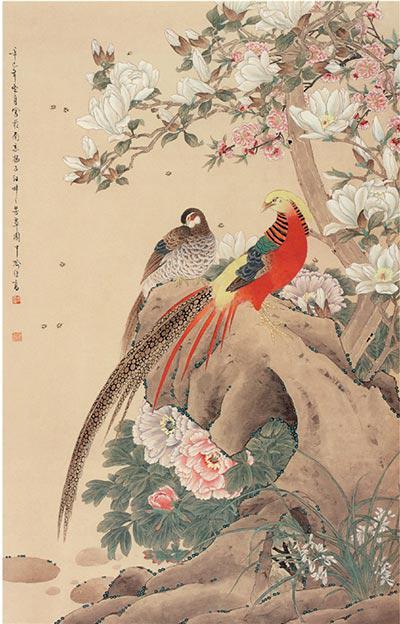 　　现代 喻继高 玉兰锦鸡 146×83cm 2001年纸本