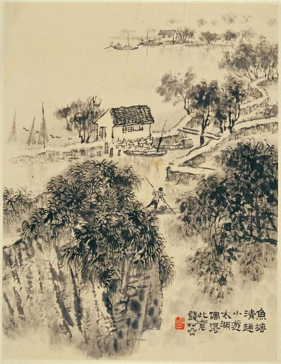 钱松喦 《鱼塘清趣》35.5×27cm 20世纪50年代