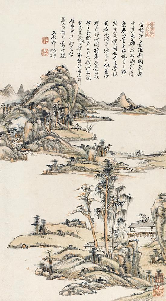 王原祁《疏林远岑》轴，纸本设色，73厘米×40.5厘米，1714年