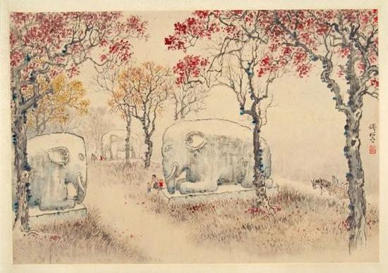 钱松喦 《明陵石象路》 36×52cm 20世纪50年代