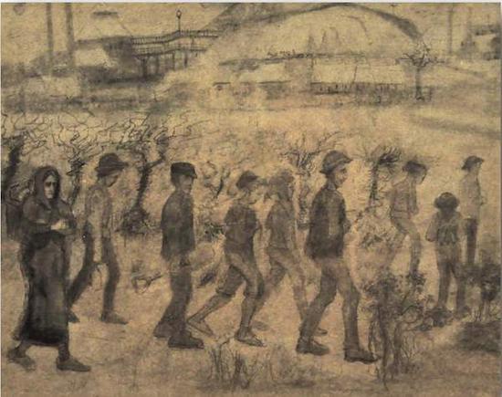 梵高《雪中矿工》（Miners in the Snow ）素描 1880年 网络图